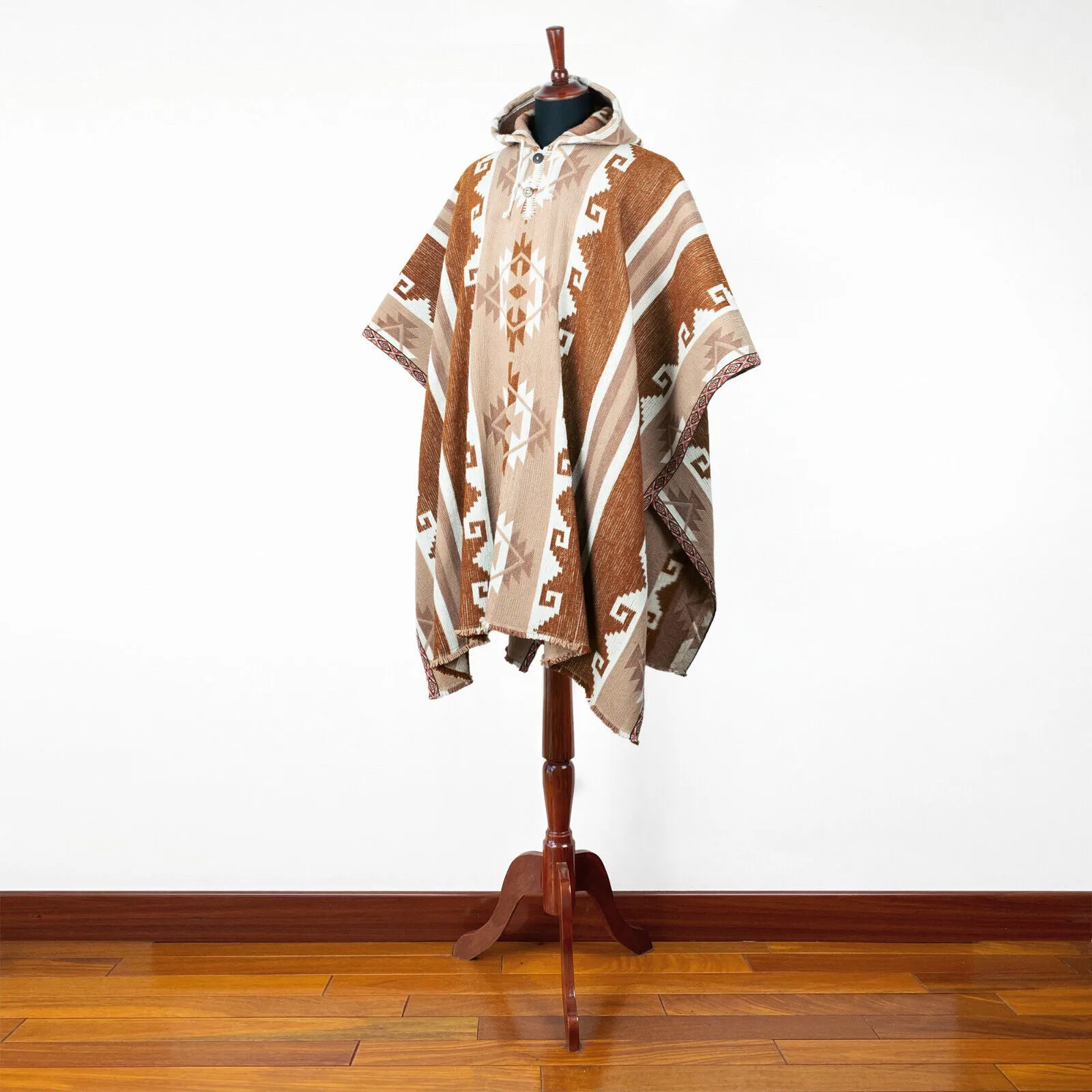 Naypongo - Llama Wool Unisex South American Handwoven Thick Hooded Poncho - Andean pattern - brown-beige colours