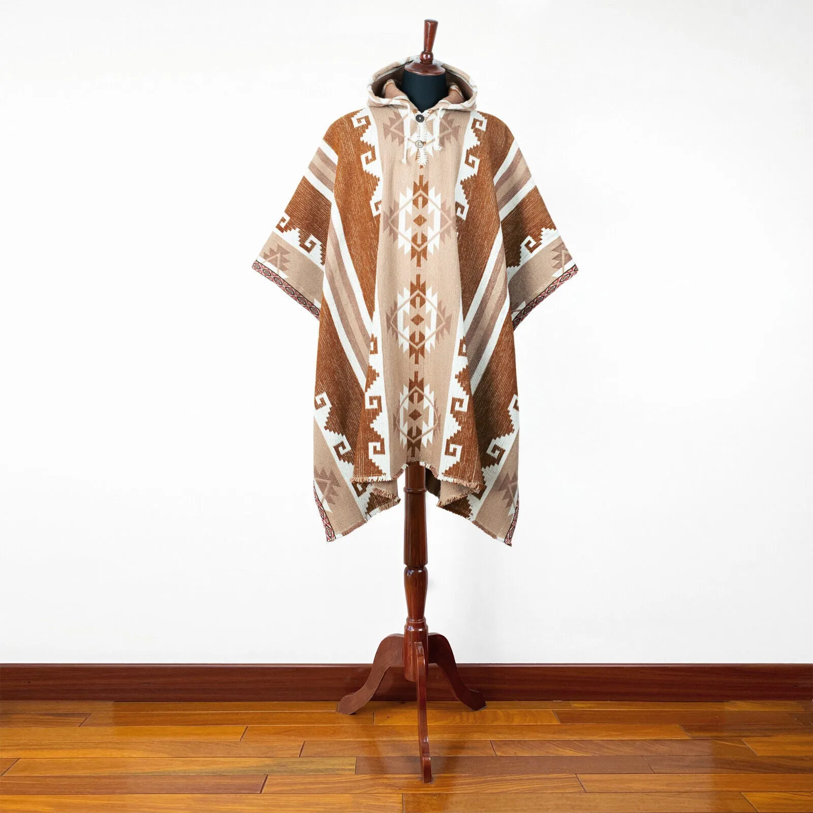 Naypongo - Llama Wool Unisex South American Handwoven Thick Hooded Poncho - Andean pattern - brown-beige colours