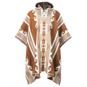 Naypongo - Llama Wool Unisex South American Handwoven Thick Hooded Poncho - Andean pattern - brown-beige colours