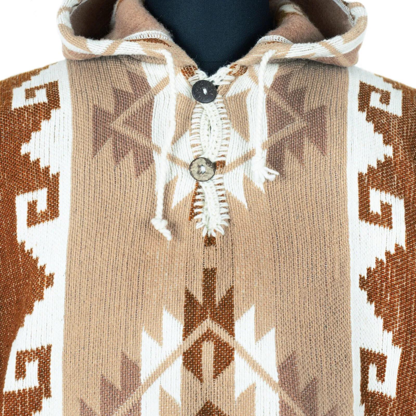 Naypongo - Llama Wool Unisex South American Handwoven Thick Hooded Poncho - Andean pattern - brown-beige colours