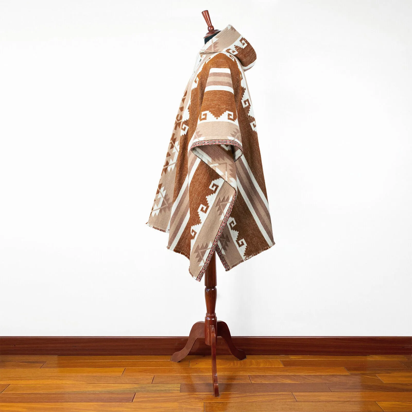 Naypongo - Llama Wool Unisex South American Handwoven Thick Hooded Poncho - Andean pattern - brown-beige colours