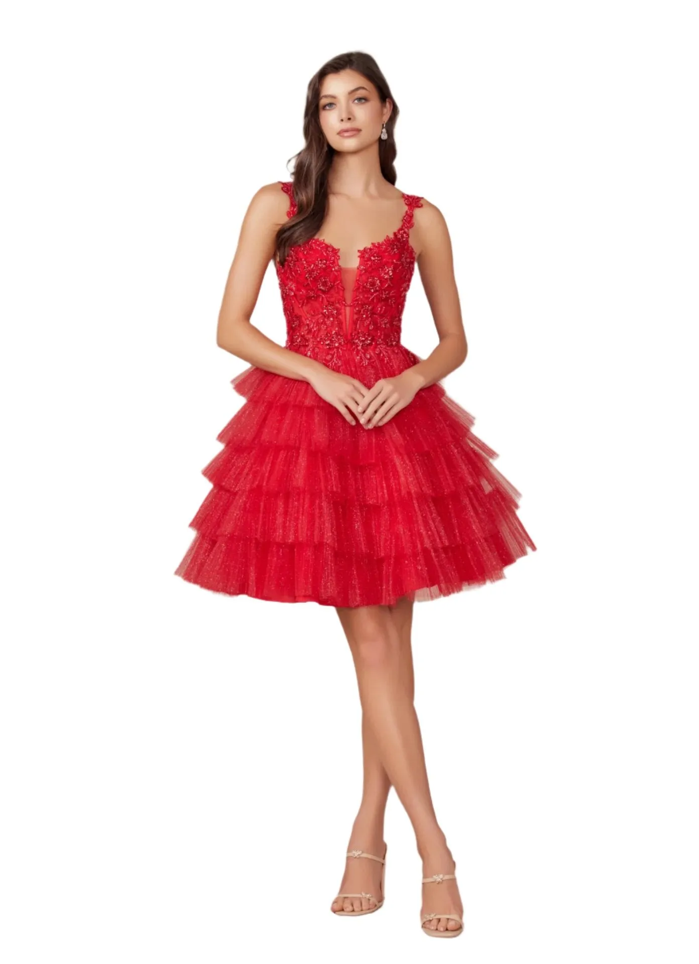 Nox Anabel E904 Size 8 Red Short sheer lace sequin Homecoming Dress Layer shimmer skirt Corset Gown