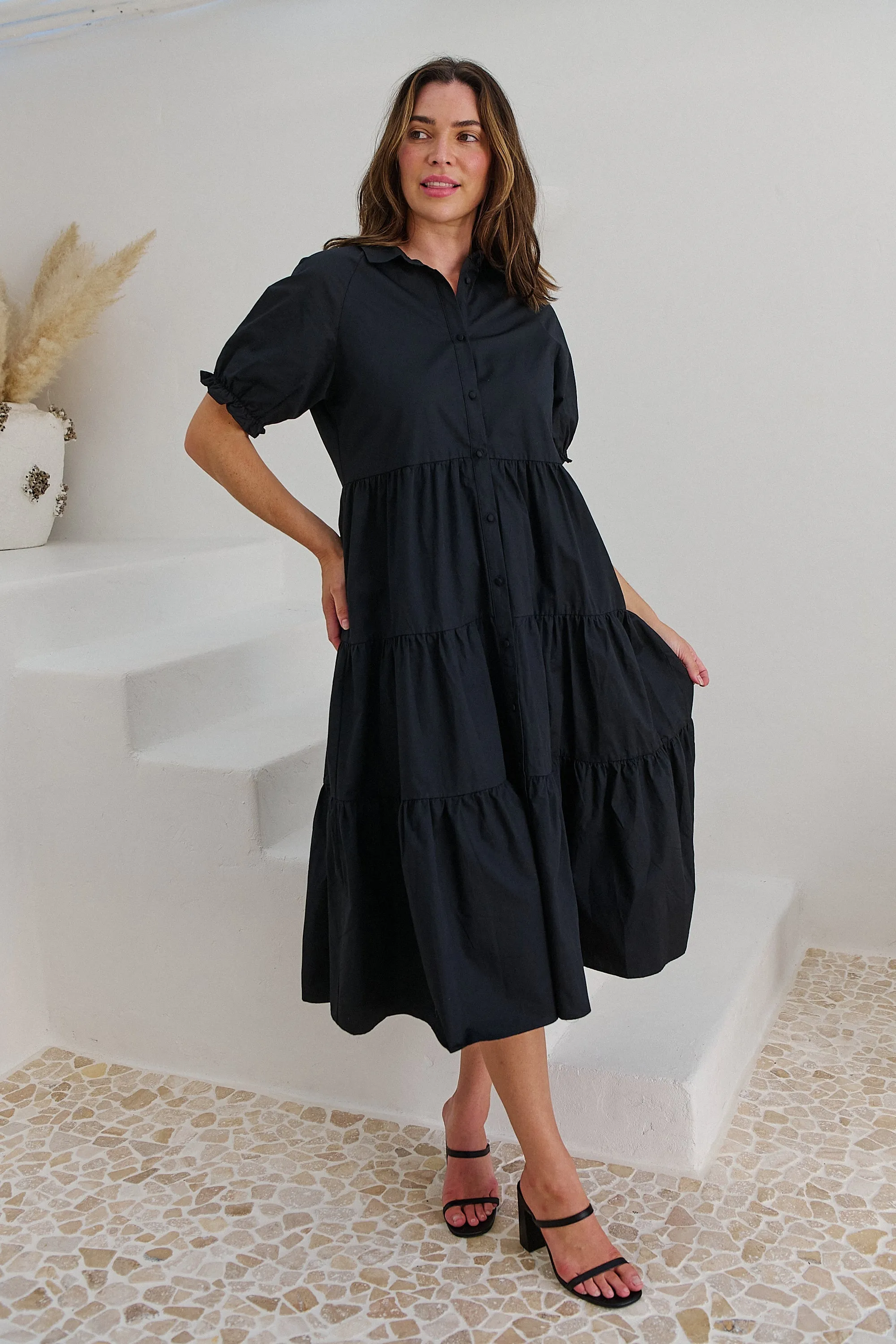 Nyomi Puff Sleeve Black Button Midi Tiered Dress