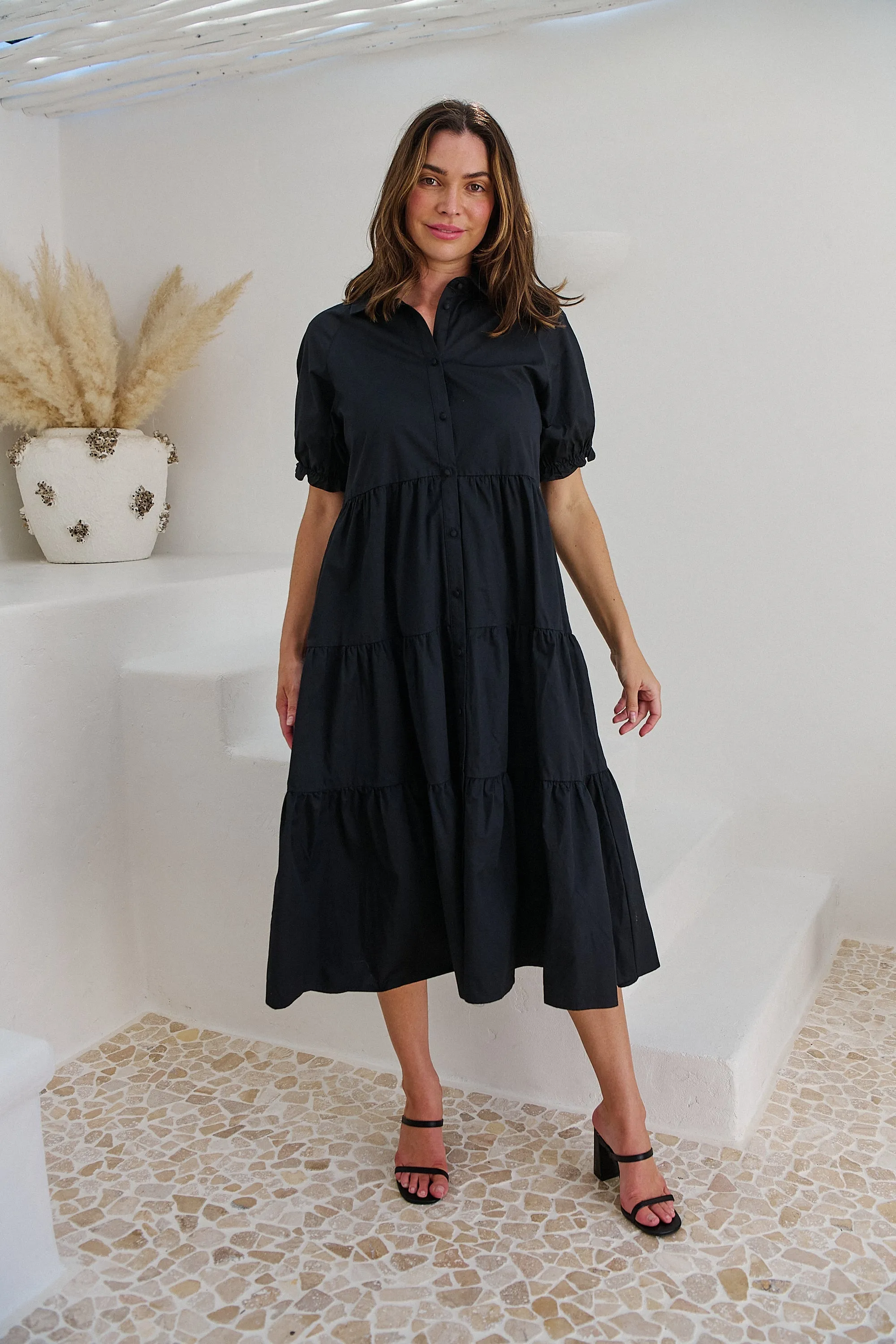 Nyomi Puff Sleeve Black Button Midi Tiered Dress