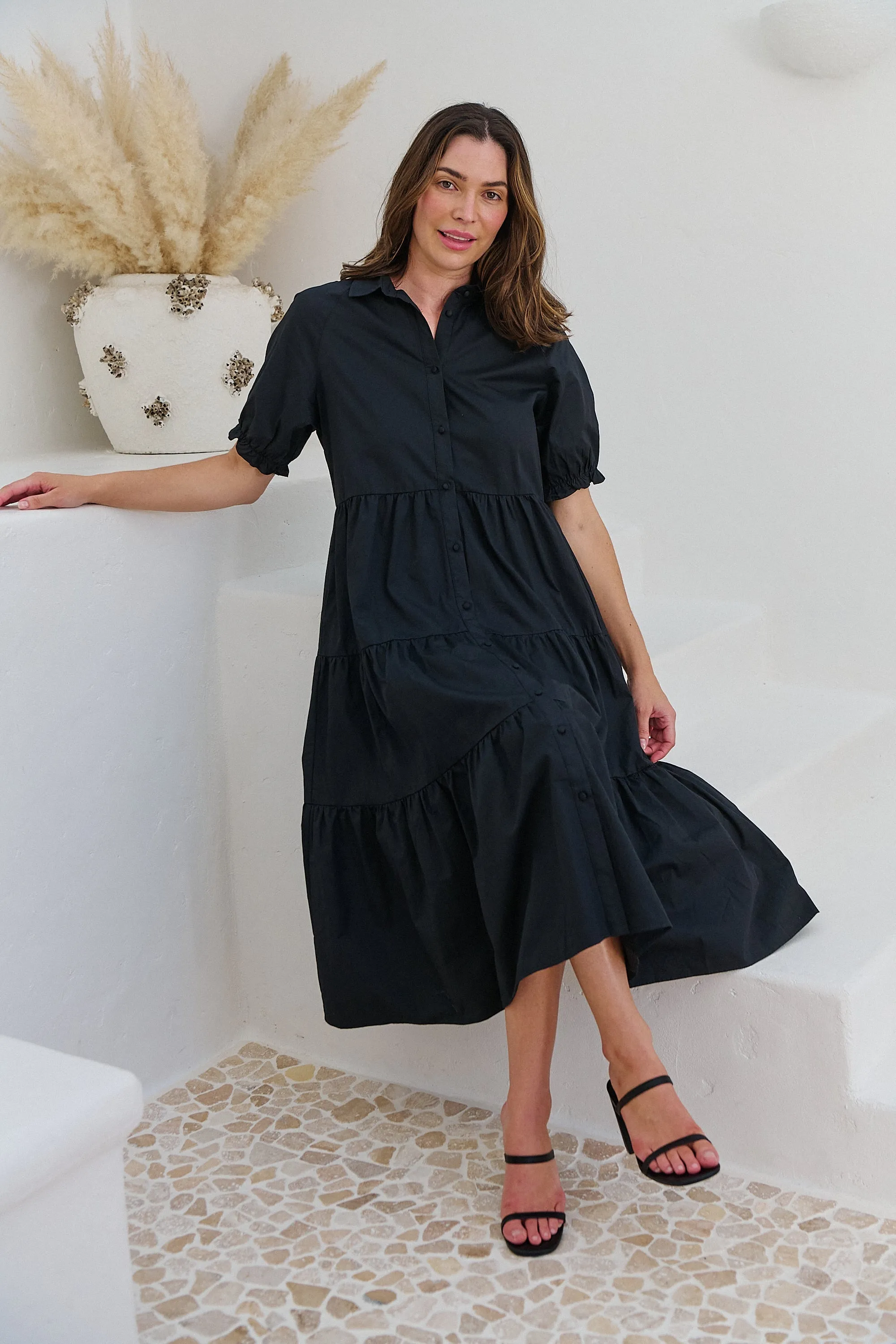 Nyomi Puff Sleeve Black Button Midi Tiered Dress