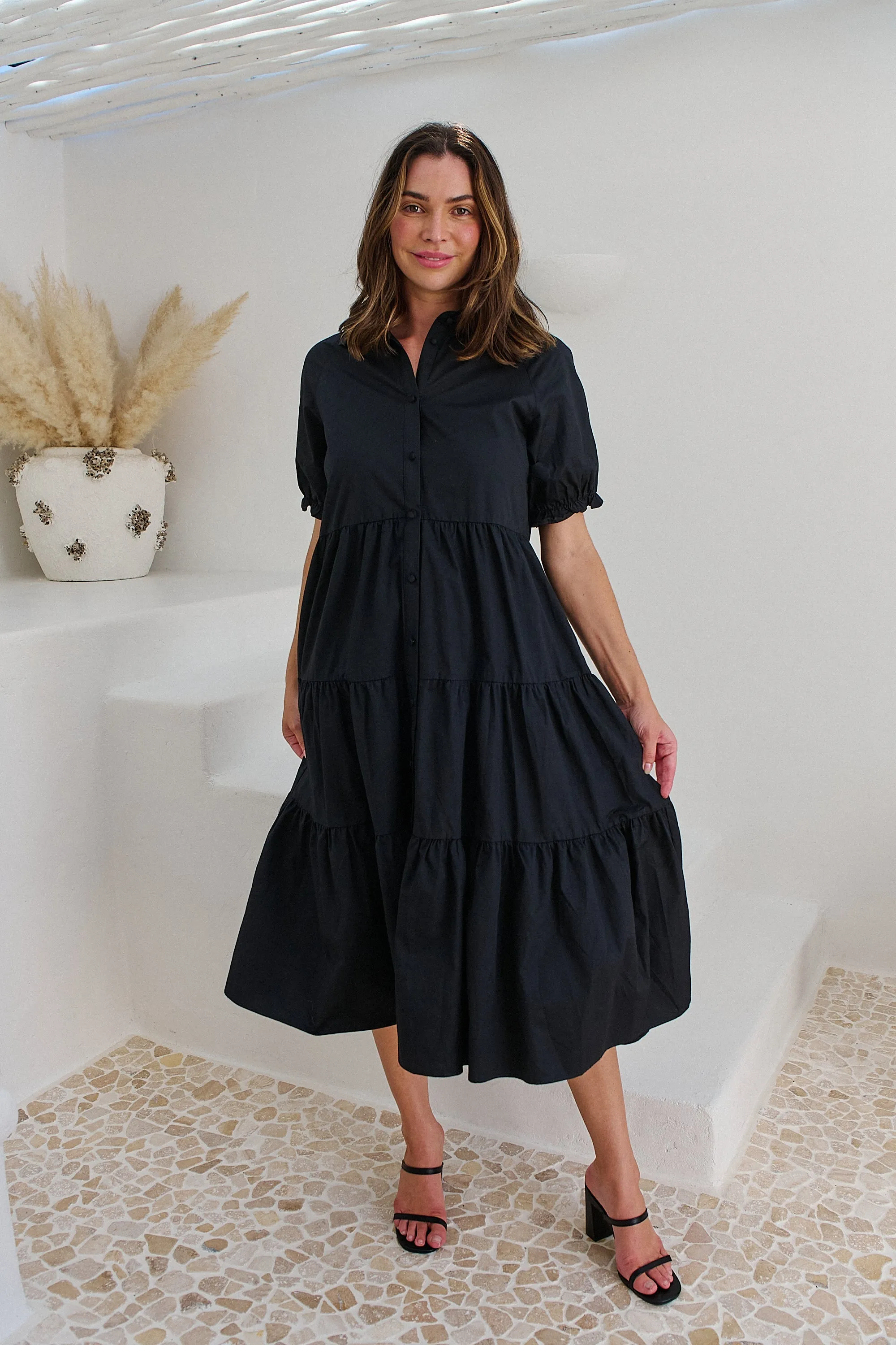 Nyomi Puff Sleeve Black Button Midi Tiered Dress