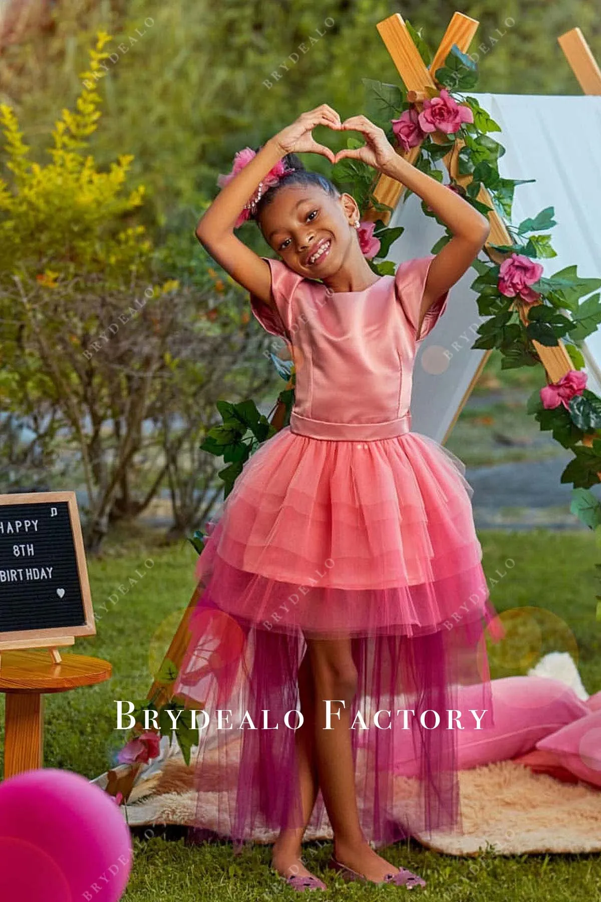 Ombre Pink Satin Tulle High-Low Little Girl Birthday Dress