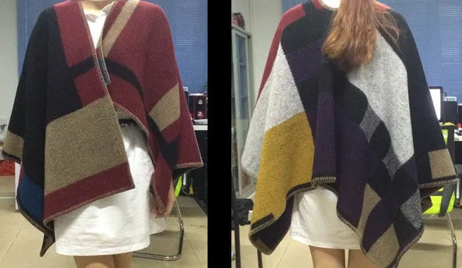 Oversized Sweater Cardigan 2015 Olivia Palermo Runway Catwalk Street Snap Knitted Cardigan Plaid Cape Poncho Shawl Women Lady