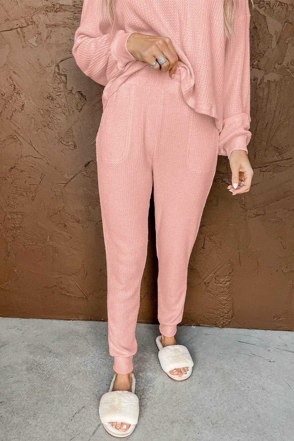 Pink Thermal Waffle Knit Long Sleeve Loungewear Set