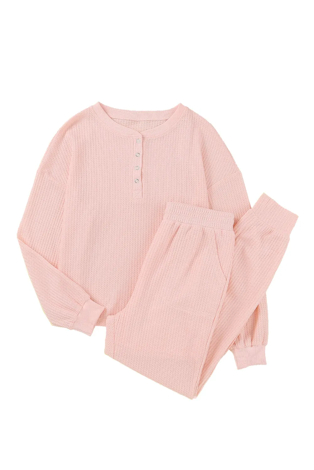 Pink Thermal Waffle Knit Long Sleeve Loungewear Set