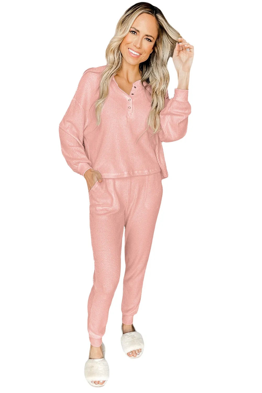 Pink Thermal Waffle Knit Long Sleeve Loungewear Set