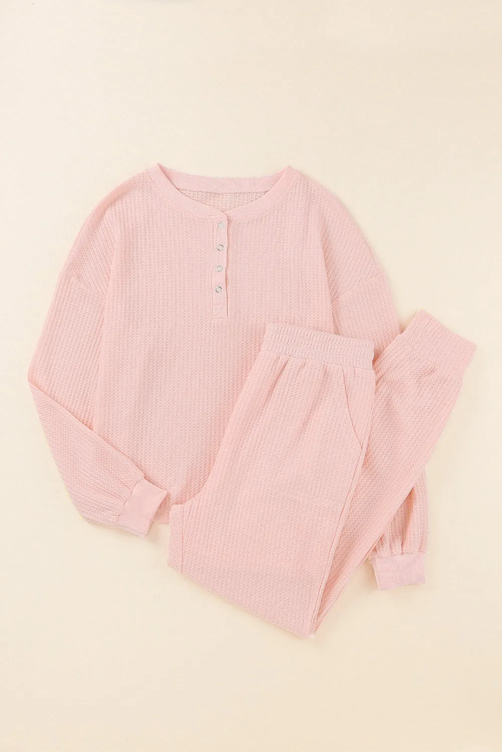 Pink Thermal Waffle Knit Long Sleeve Loungewear Set