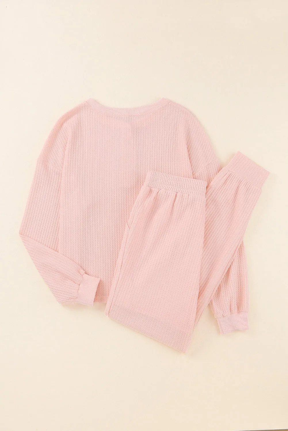 Pink Thermal Waffle Knit Long Sleeve Loungewear Set