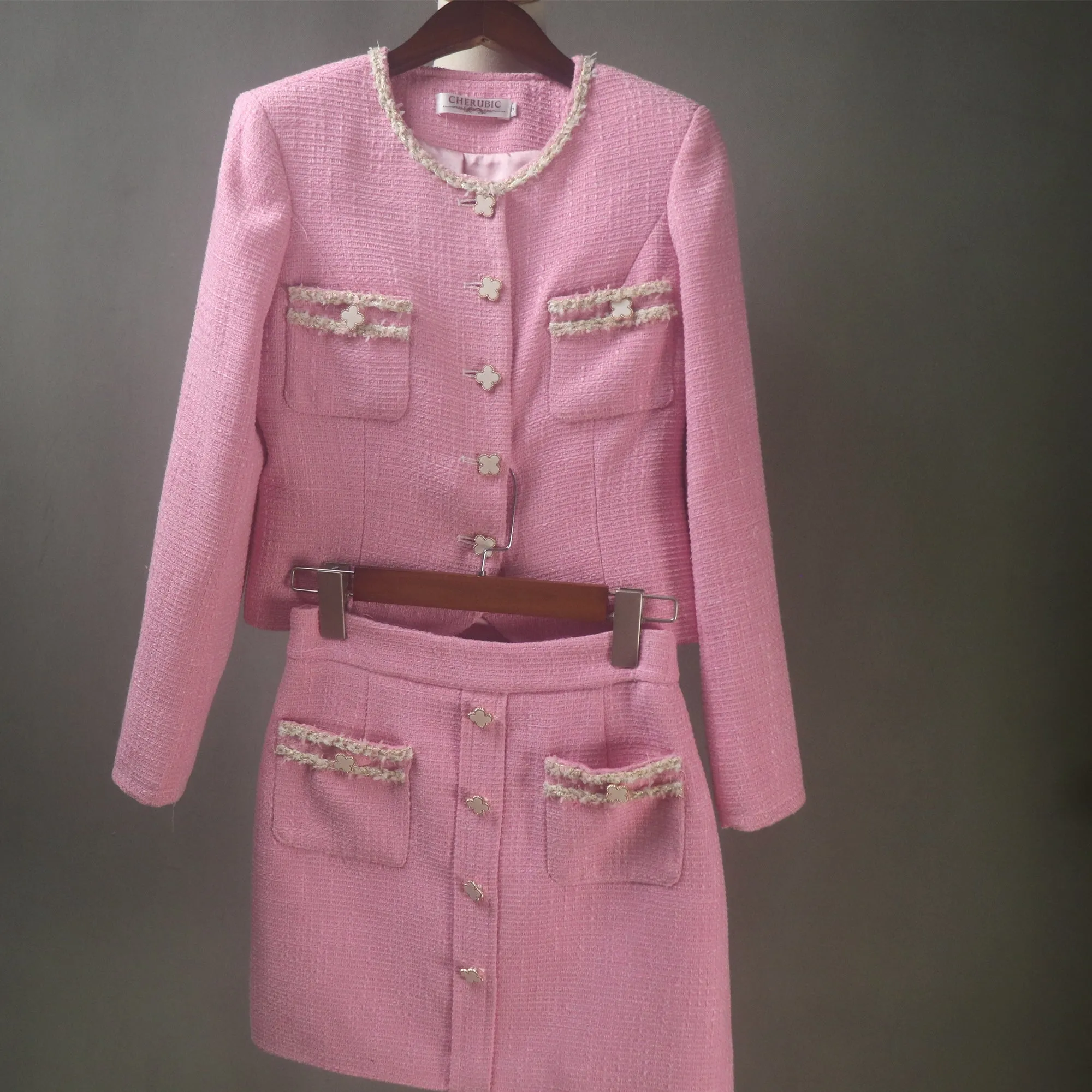 Pink Tweed Skirt Suit With Flower Buttons in Custom Made Sizes