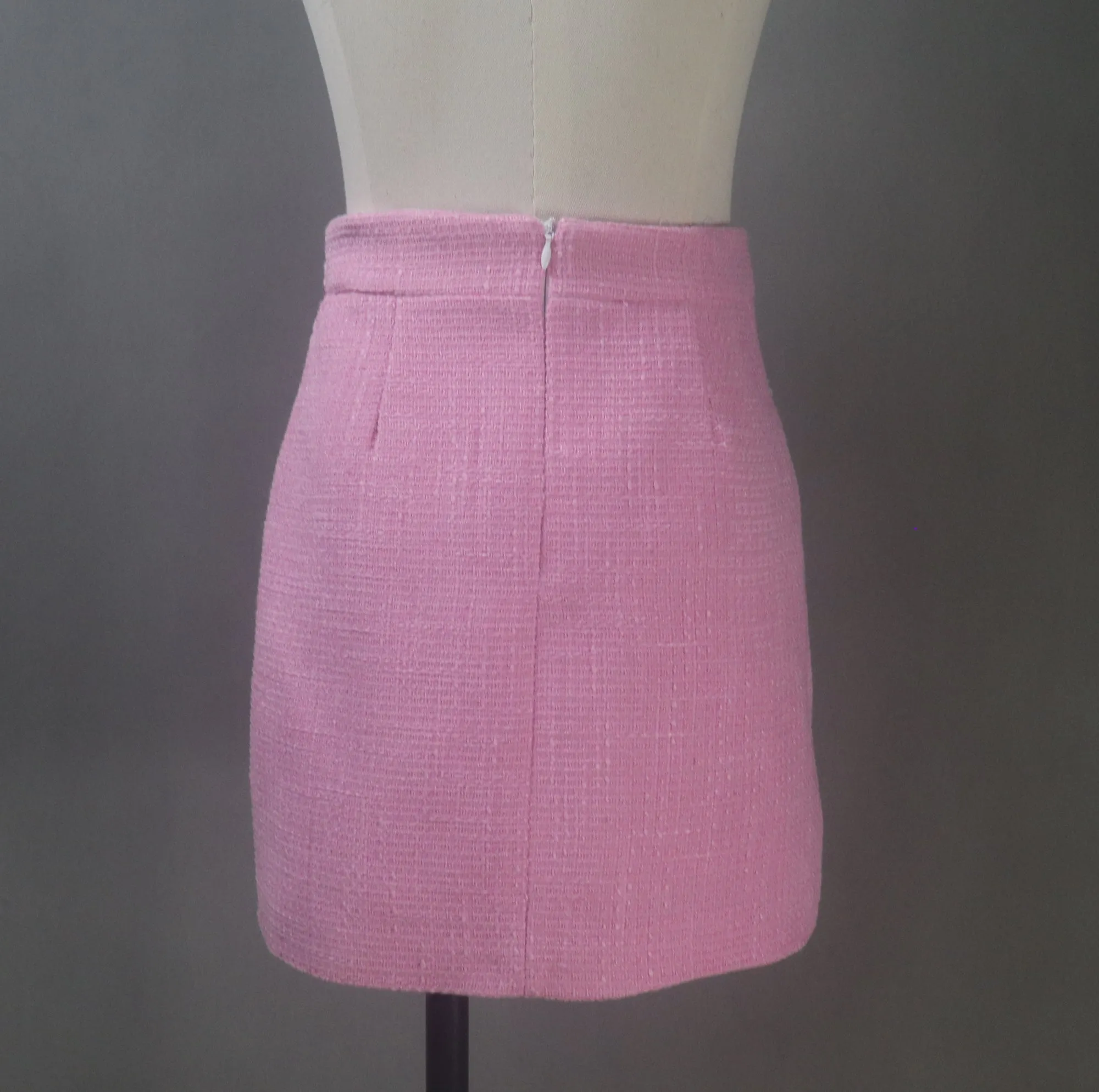 Pink Tweed Skirt Suit With Flower Buttons in Custom Made Sizes