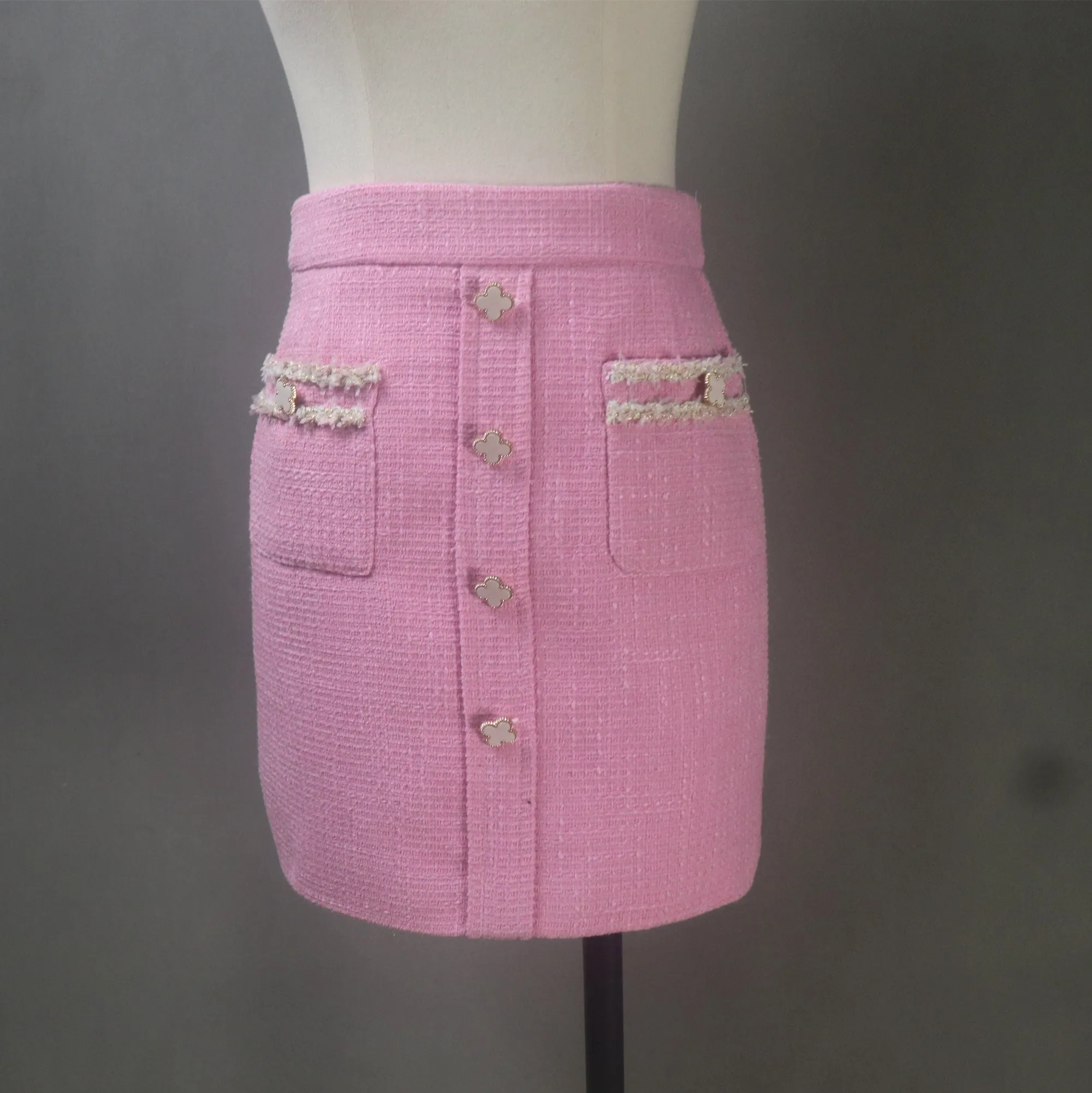 Pink Tweed Skirt Suit With Flower Buttons in Custom Made Sizes