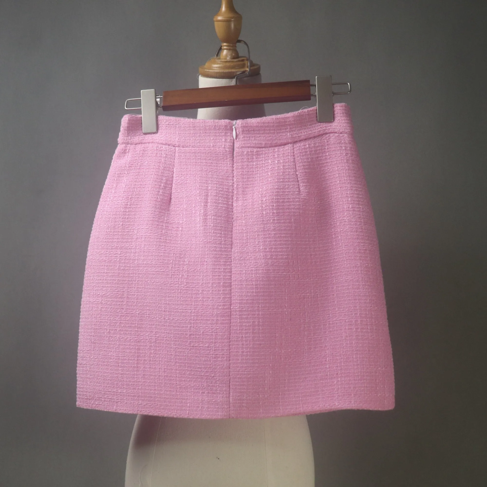 Pink Tweed Skirt Suit With Flower Buttons in Custom Made Sizes