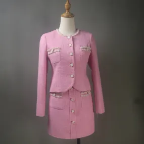 Pink Tweed Skirt Suit With Flower Buttons in Custom Made Sizes