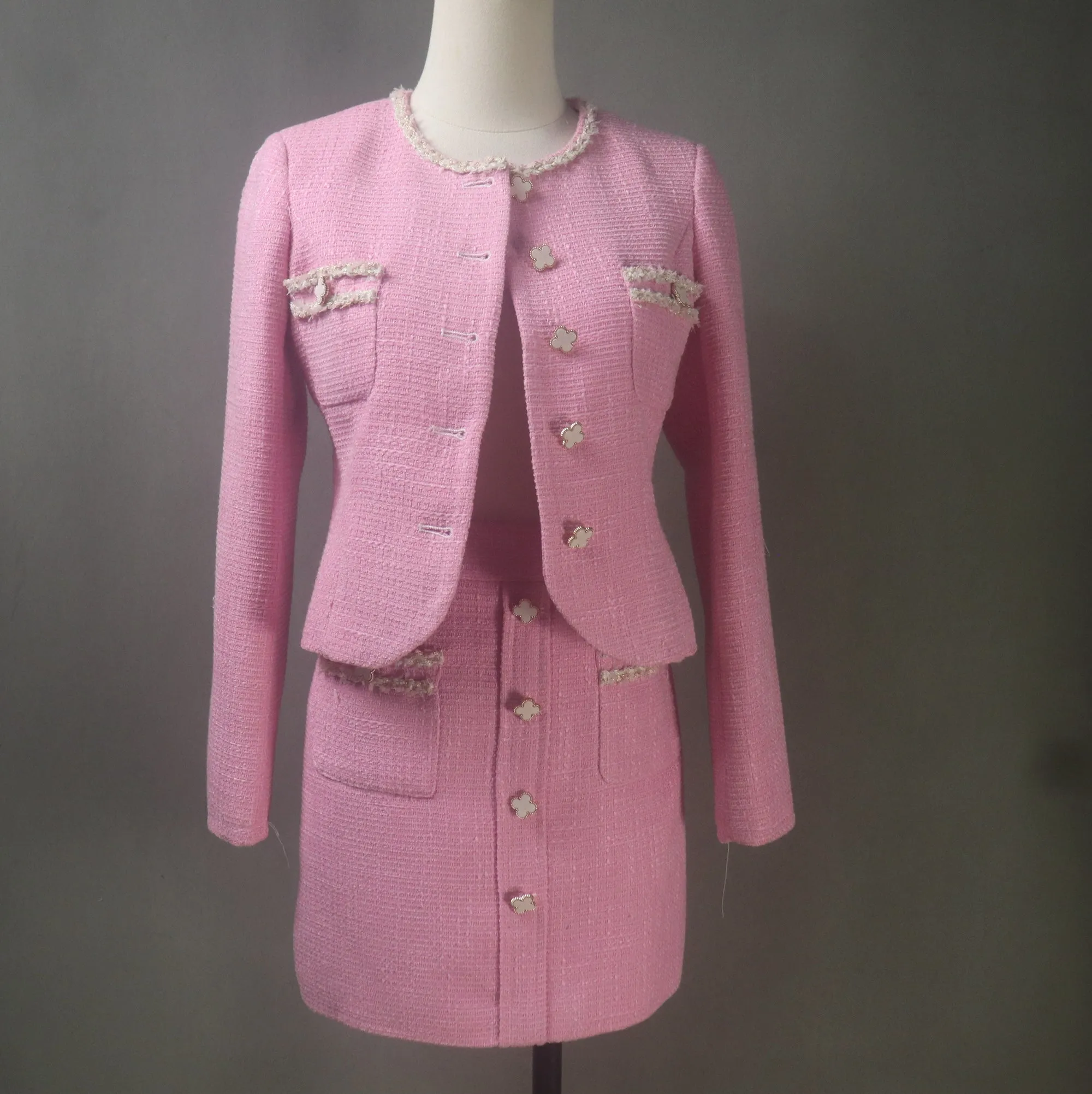 Pink Tweed Skirt Suit With Flower Buttons in Custom Made Sizes