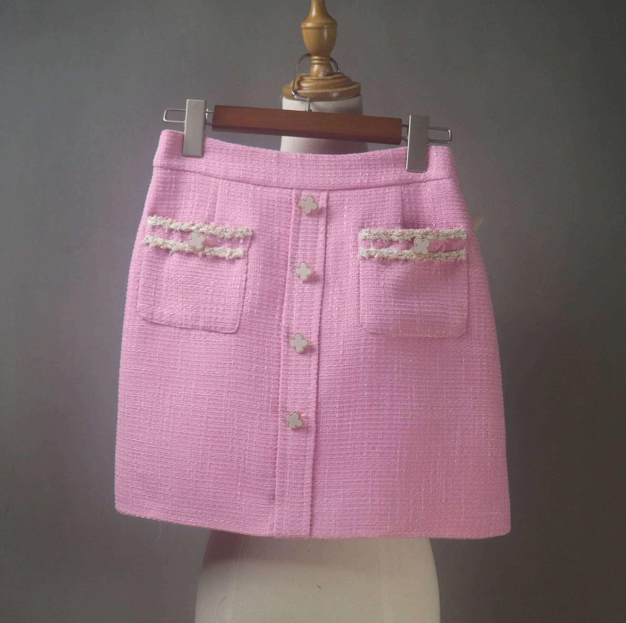 Pink Tweed Skirt Suit With Flower Buttons in Custom Made Sizes