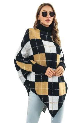 Plaid Turtleneck Dolman Sleeve Poncho