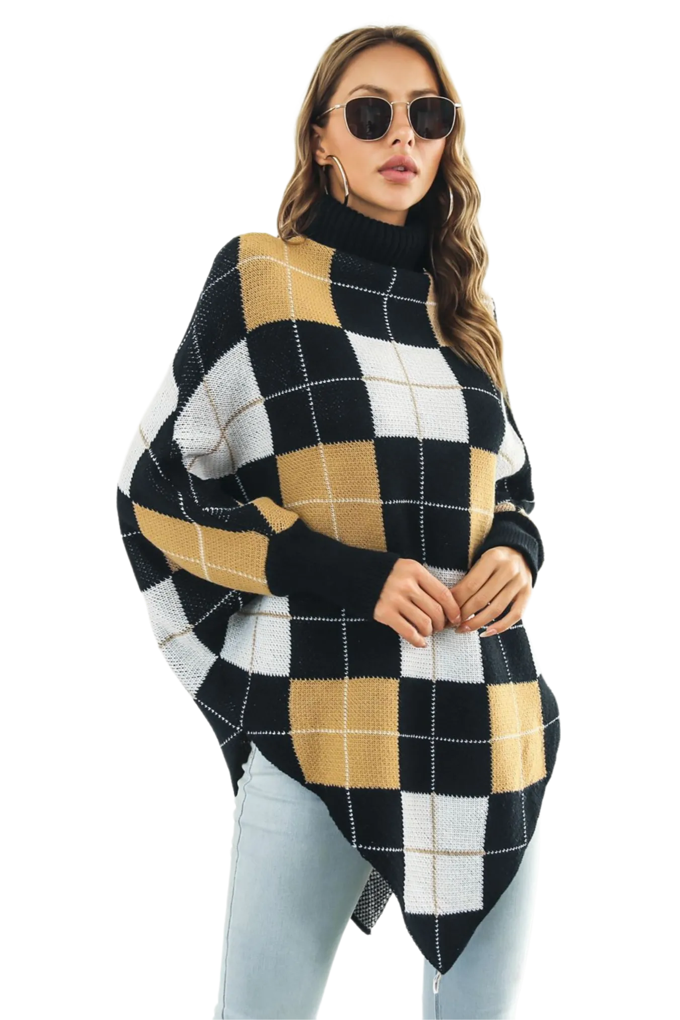 Plaid Turtleneck Dolman Sleeve Poncho