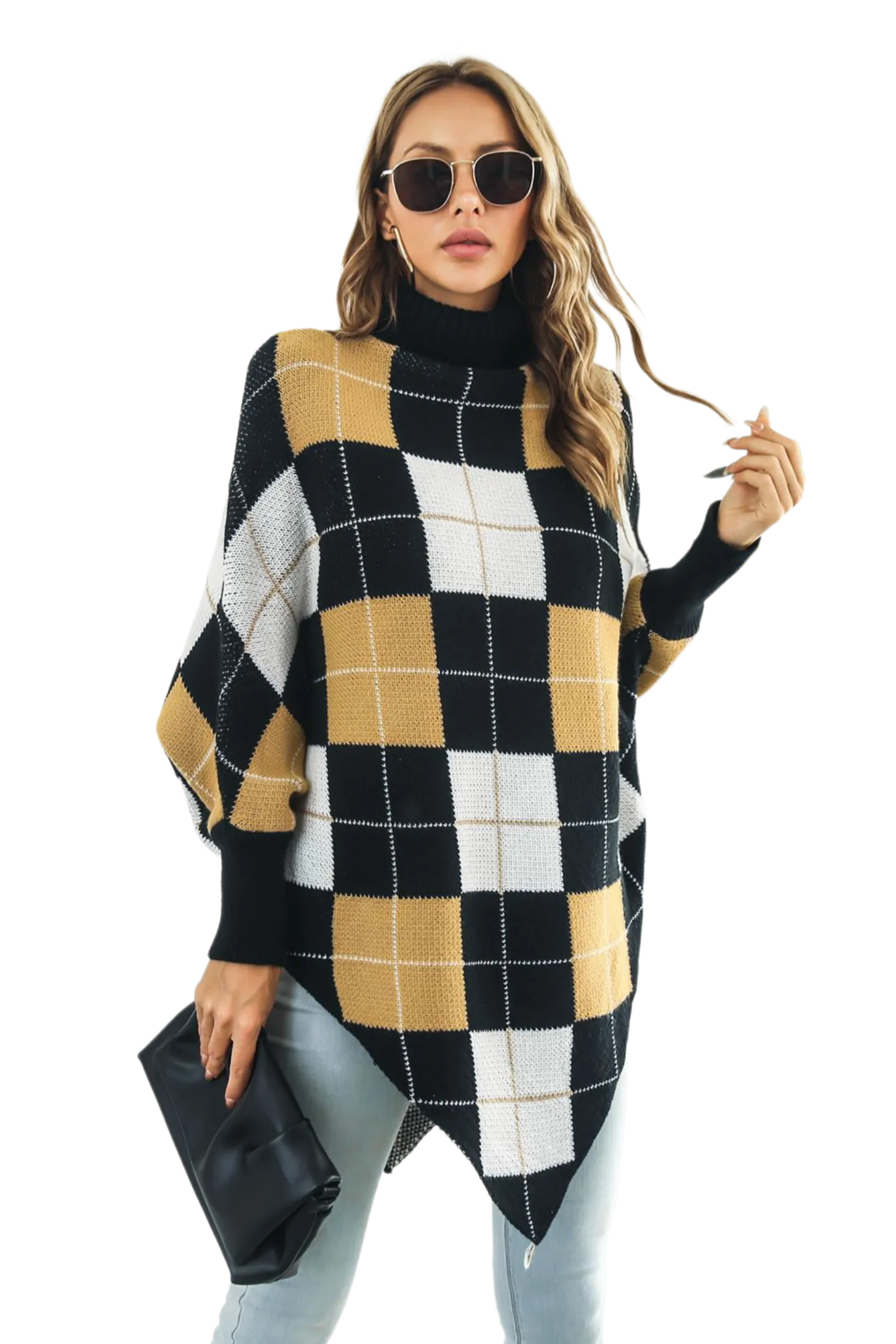 Plaid Turtleneck Dolman Sleeve Poncho