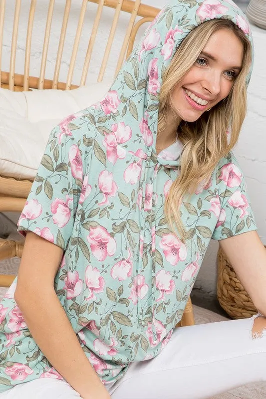 Plus Floral Short Sleeve Hooded Sweatshirt Top