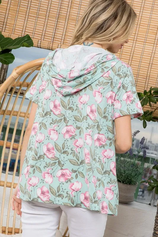 Plus Floral Short Sleeve Hooded Sweatshirt Top