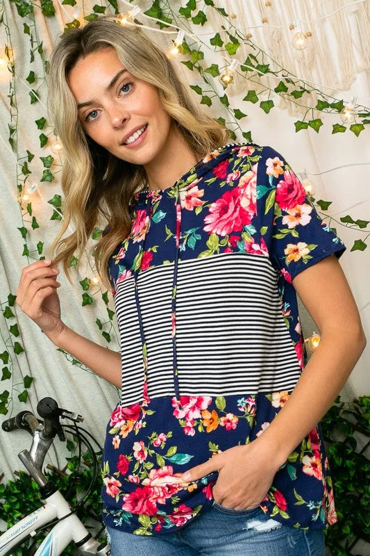 Plus Floral Stripe Short Sleeve Hoodie Top