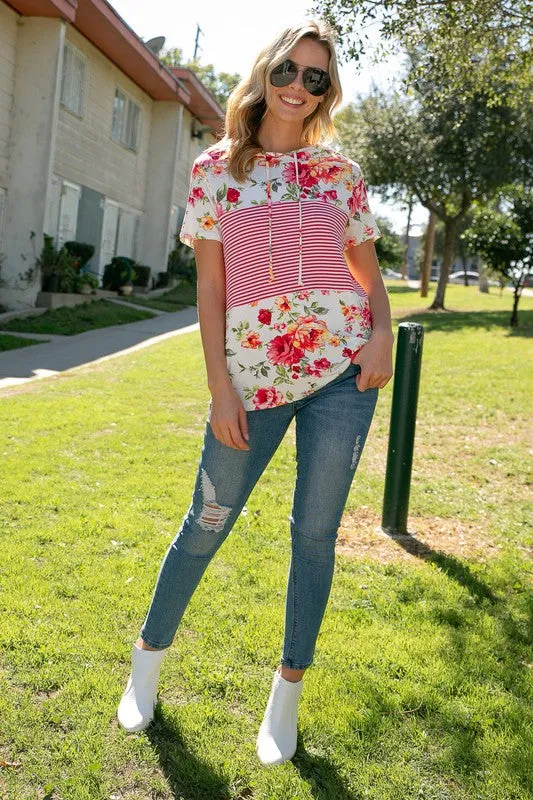 Plus Floral Stripe Short Sleeve Hoodie Top