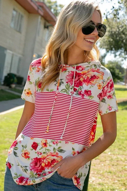 Plus Floral Stripe Short Sleeve Hoodie Top