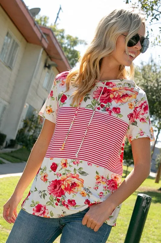 Plus Floral Stripe Short Sleeve Hoodie Top