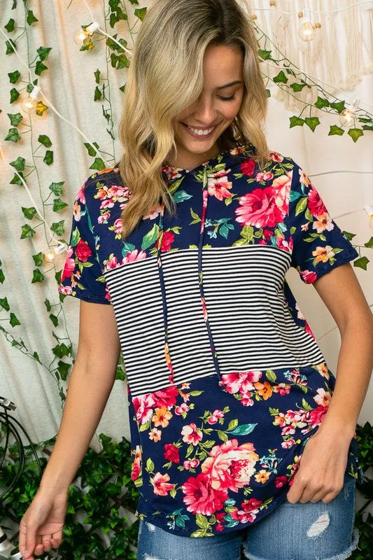 Plus Floral Stripe Short Sleeve Hoodie Top