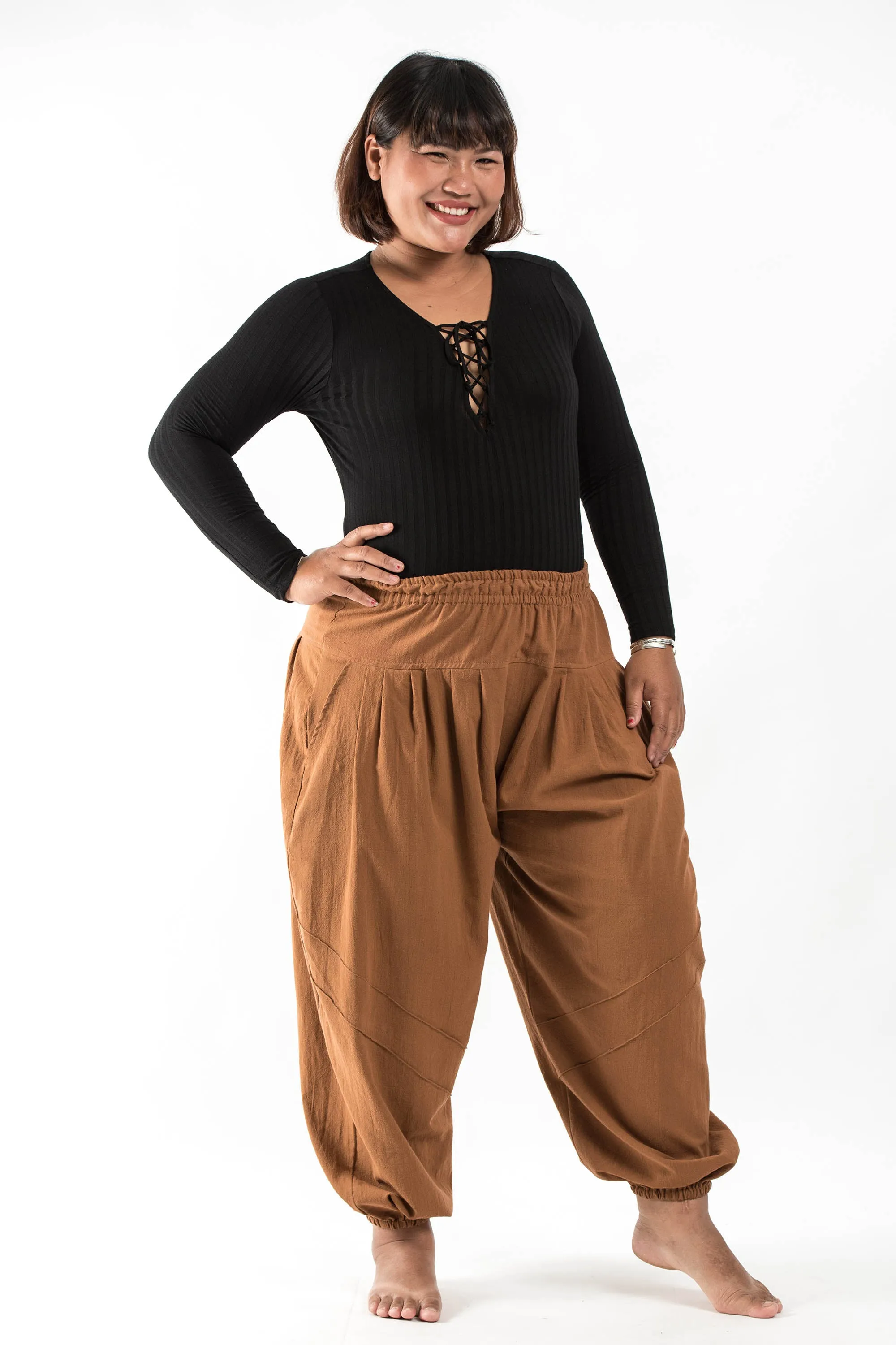 Plus Size Unisex Genie Cotton Harem Pants in Brown