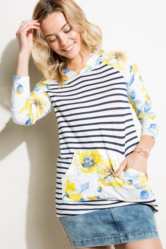 Plus Stripe Floral Kangaroo Pocket Hoodie Top