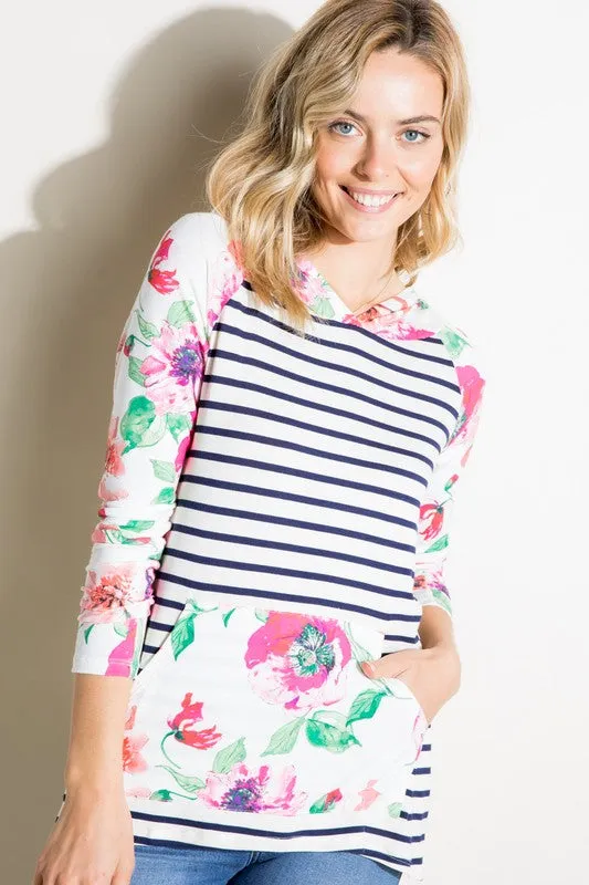 Plus Stripe Floral Kangaroo Pocket Hoodie Top