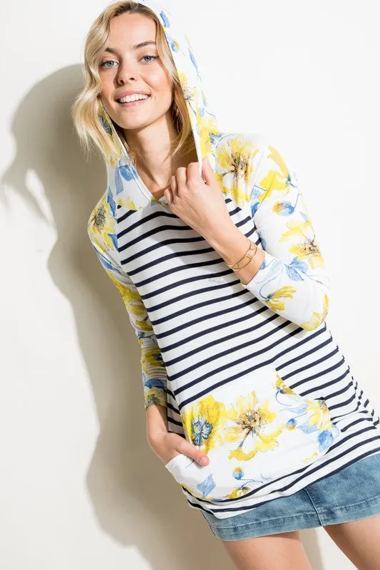 Plus Stripe Floral Kangaroo Pocket Hoodie Top