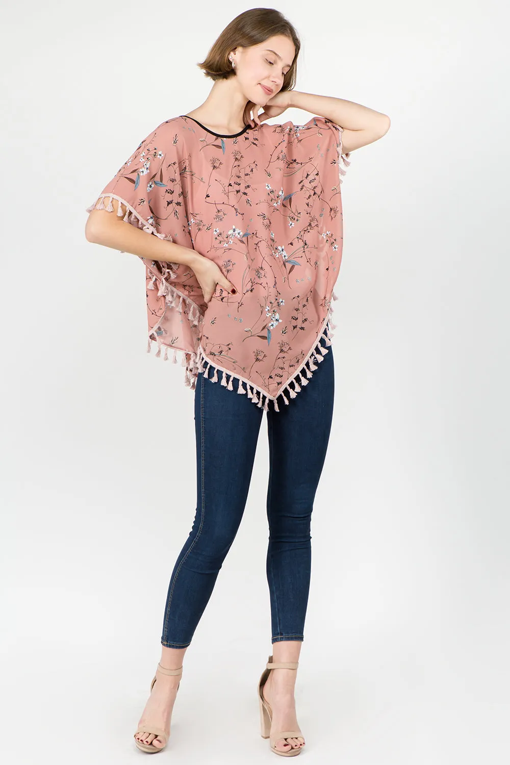 PON-593 floral poncho with tassels