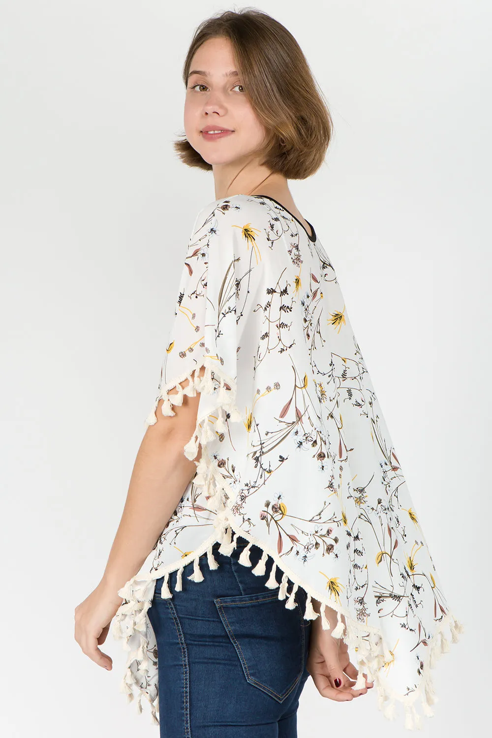 PON-593 floral poncho with tassels