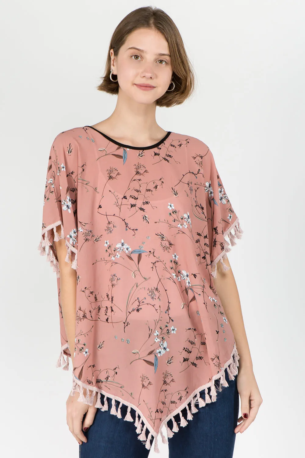 PON-593 floral poncho with tassels