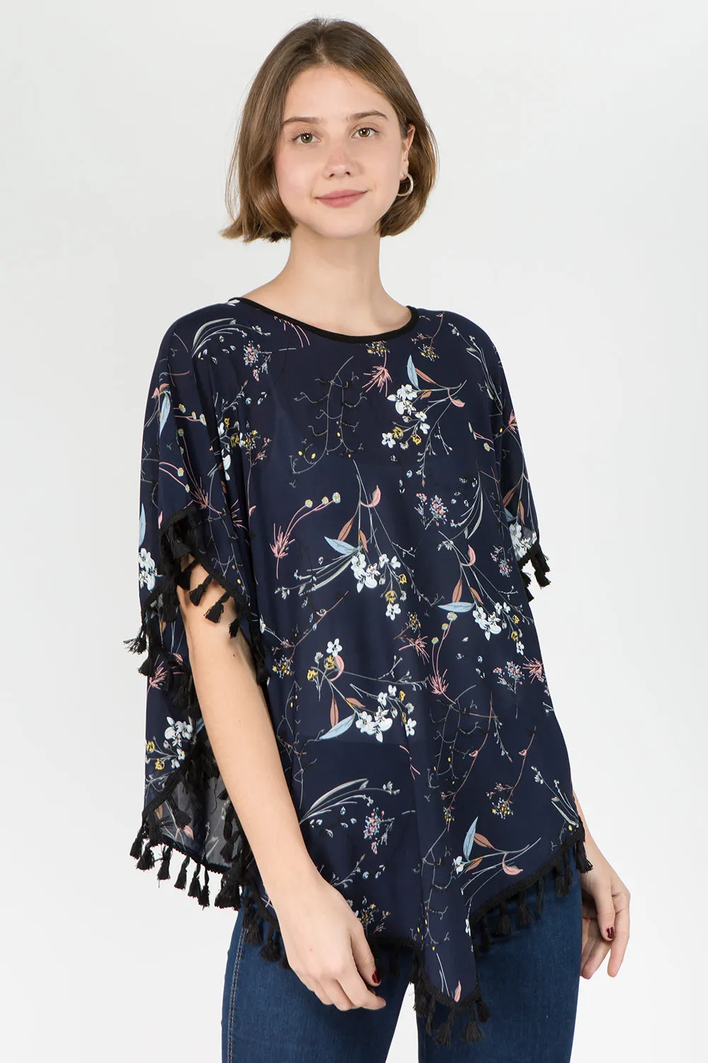 PON-593 floral poncho with tassels