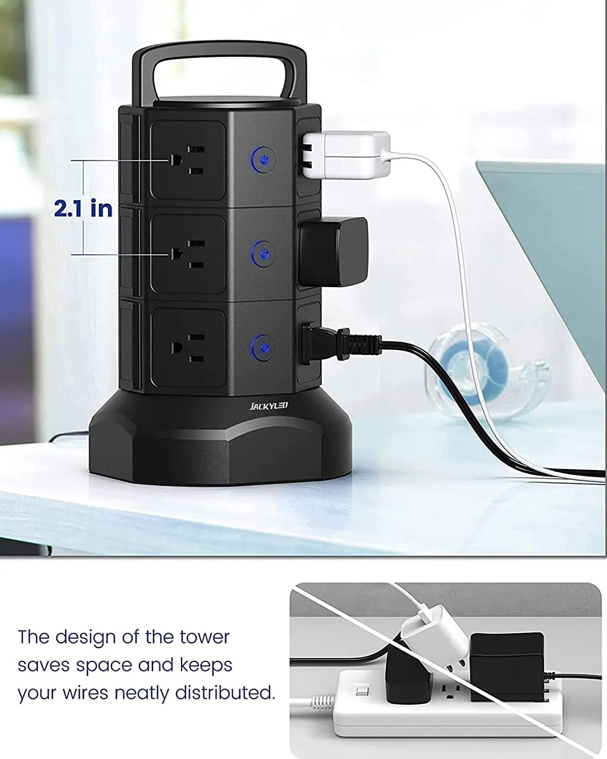 Power Strip Tower Surge Protector,  1625W 13A Outlet Surge Electric Tower, 12 Outlets 6 USB Ports Charging Station with 16AWG 6.5Ft Heavy Duty Extension Cord for Home Office Dorm Black