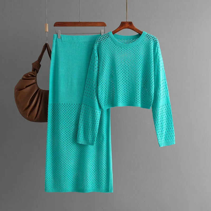 Pre Order:  Hollow Knitted Sweater   Knitted Skirt Set