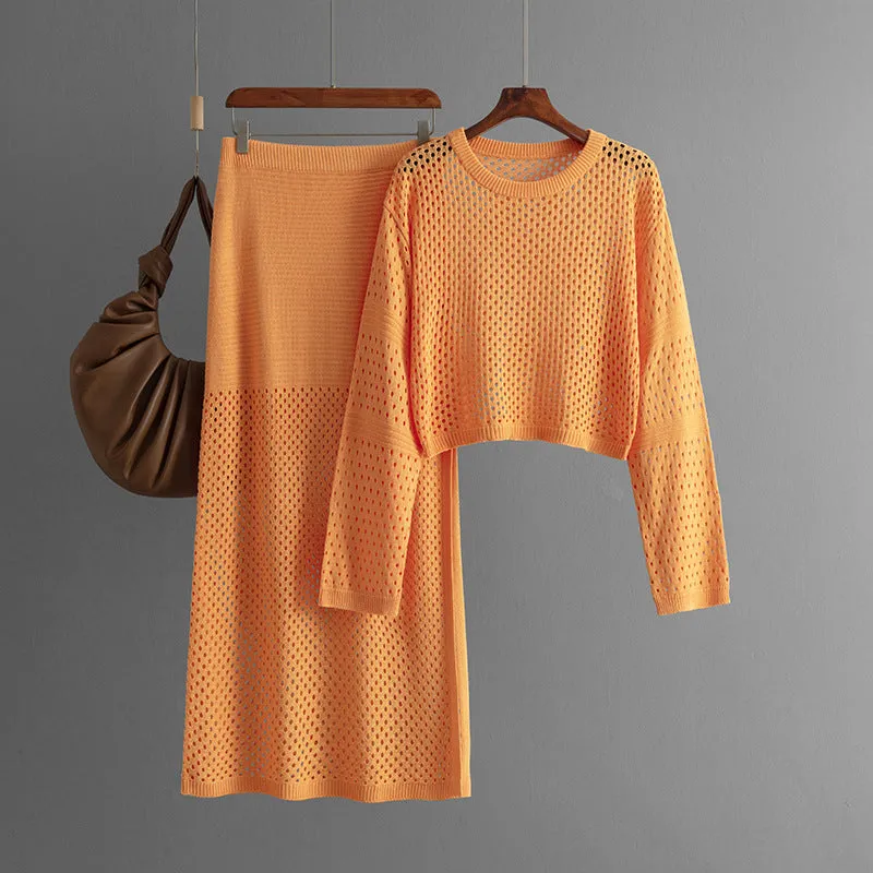 Pre Order:  Hollow Knitted Sweater   Knitted Skirt Set