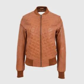 Premium Quality Womens Leather Varsity Quilted Bomber Jacket Sally Tan