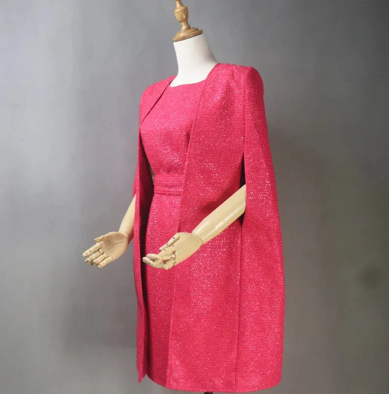 Red Sheath Dress    Long Coat For Ladies With Tweed material  for wedding wear, Graduation day.