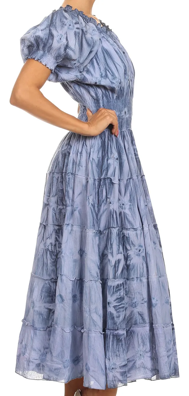 Sakkas Melissa Two Tone Dyed Tiered Smocked Waist Long Dress With Short Sleeves