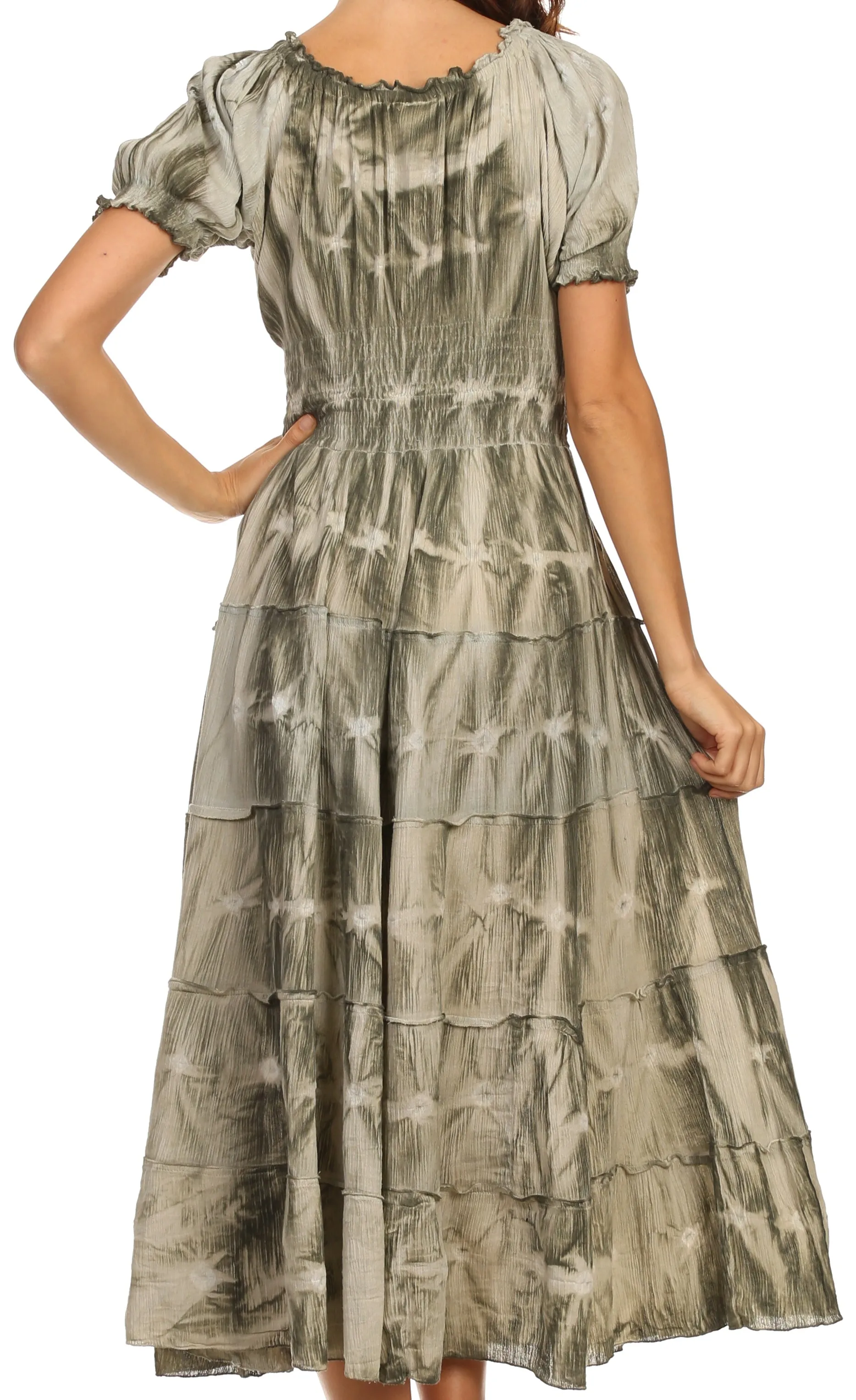 Sakkas Melissa Two Tone Dyed Tiered Smocked Waist Long Dress With Short Sleeves