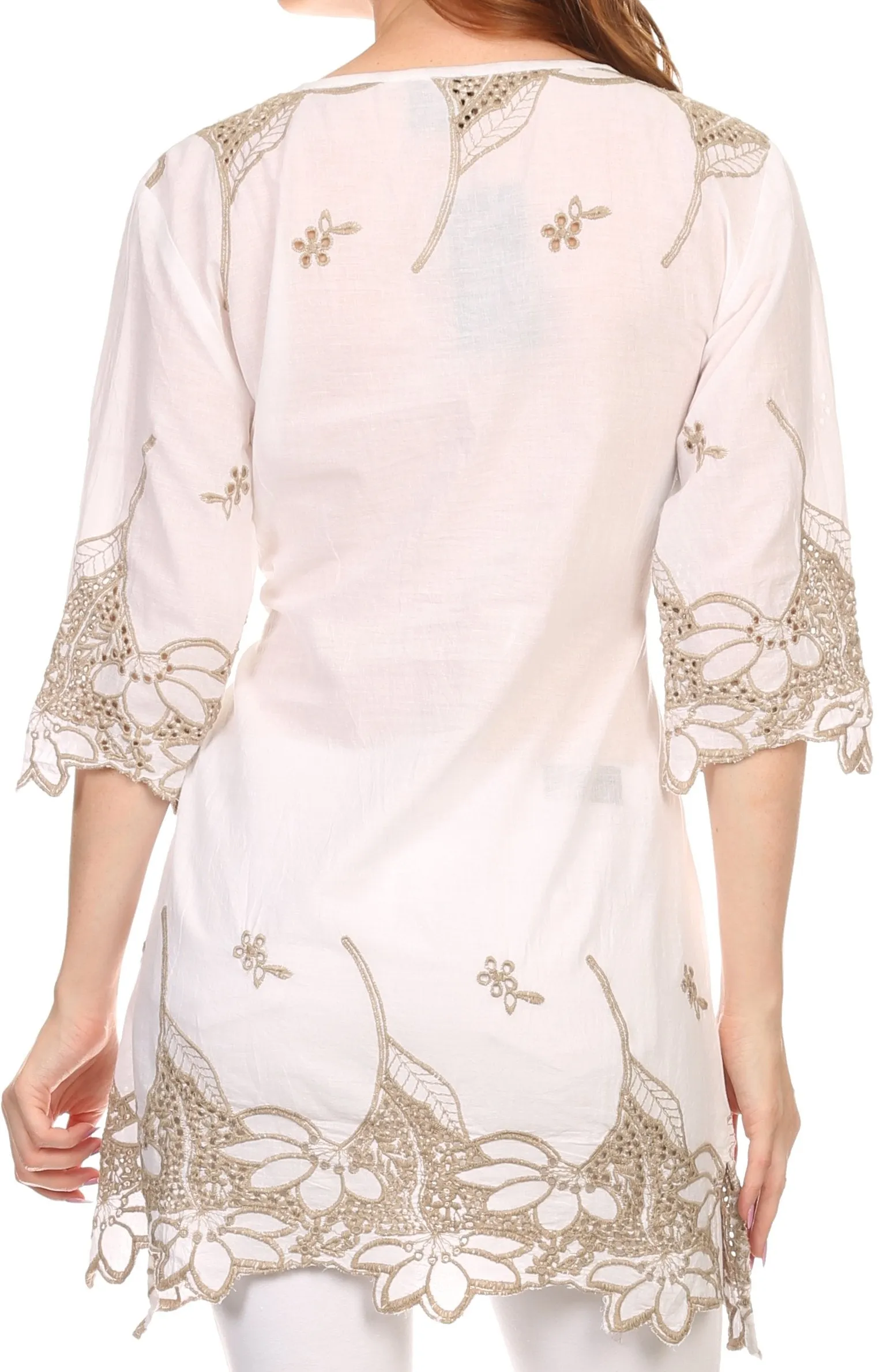 Sakkas Raestelle Long Tall Embroidered Button Up Adjustable Tunic Blouse Top